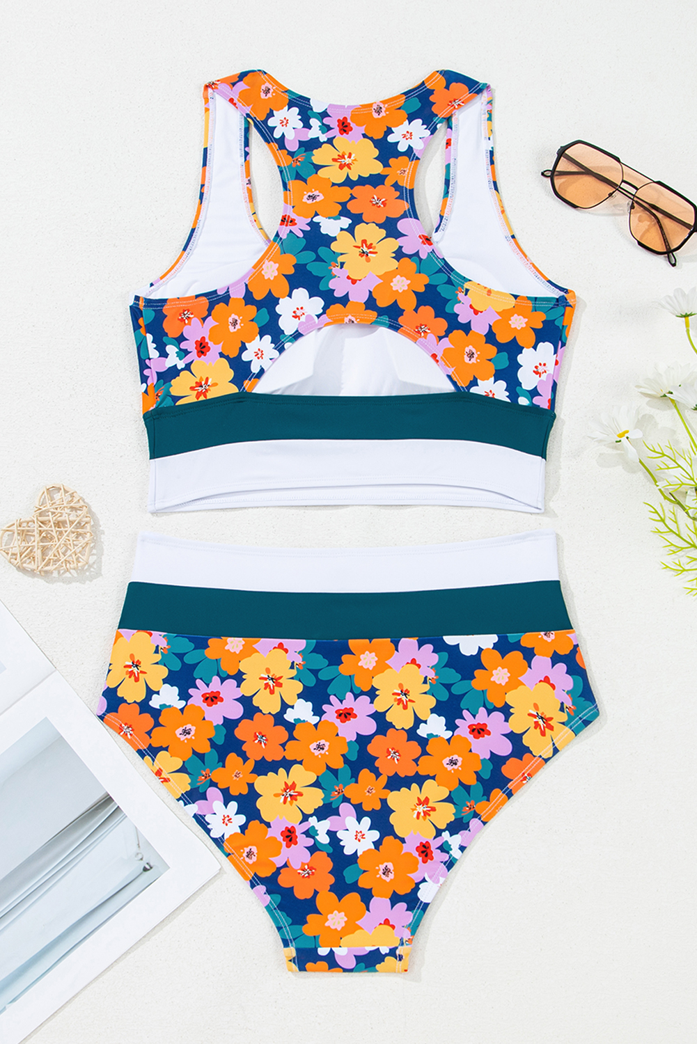 Dearlove Green Floral Print Racerback Cutout High Waist 2pcs Bikini view 11