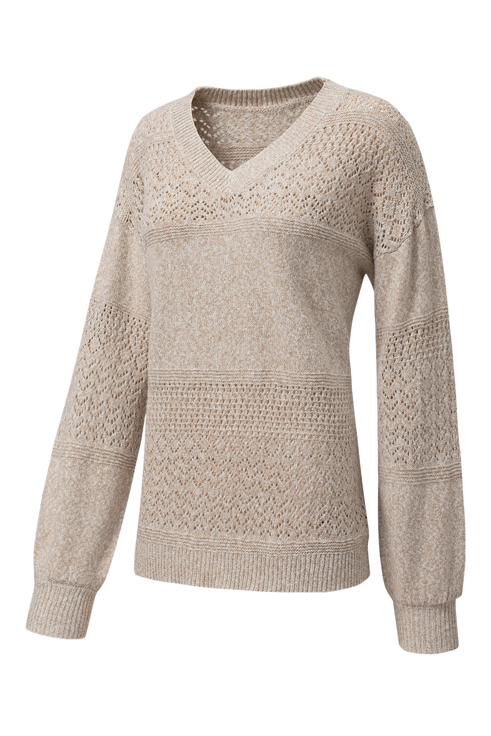 Brown Eyelet Pattern Detail V Neck Drop Shoulder Sweater view 30