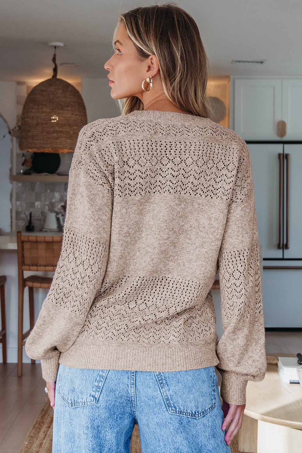 Brown Eyelet Pattern Detail V Neck Drop Shoulder Sweater view 6