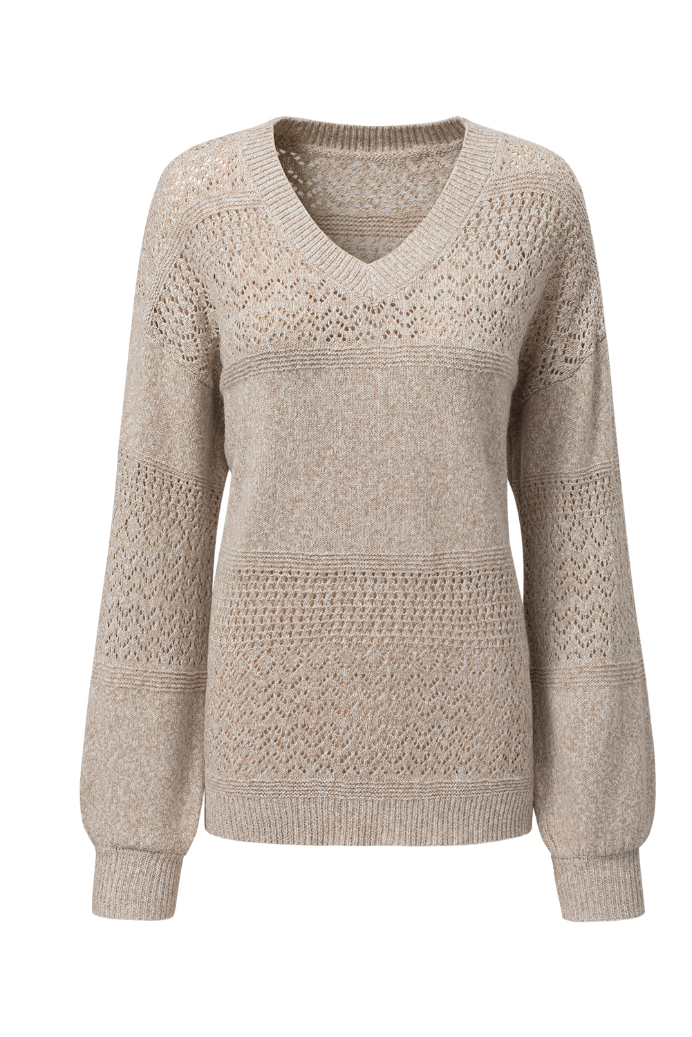 Brown Eyelet Pattern Detail V Neck Drop Shoulder Sweater view 29