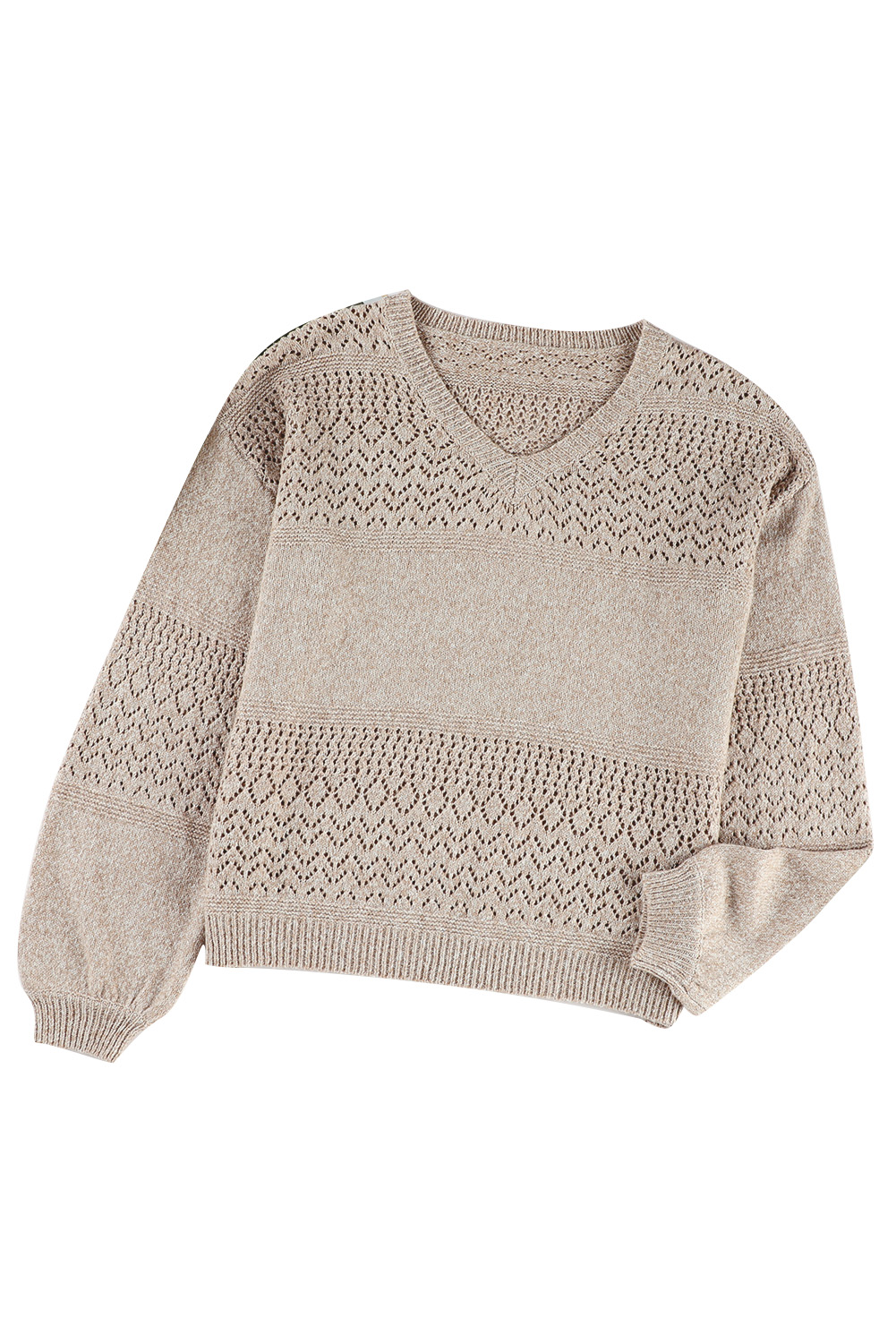Brown Eyelet Pattern Detail V Neck Drop Shoulder Sweater view 28