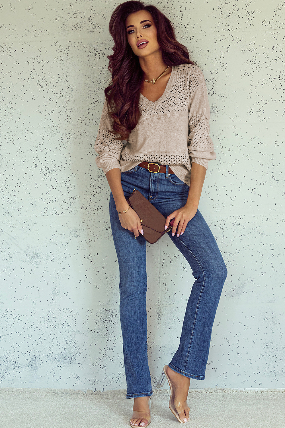 Brown Eyelet Pattern Detail V Neck Drop Shoulder Sweater view 15