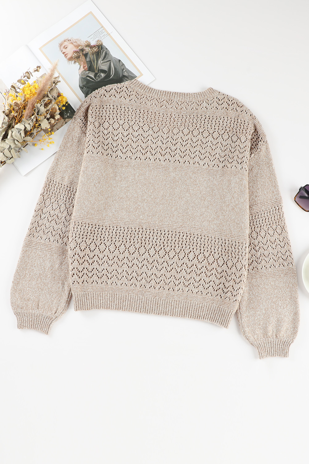Brown Eyelet Pattern Detail V Neck Drop Shoulder Sweater view 19