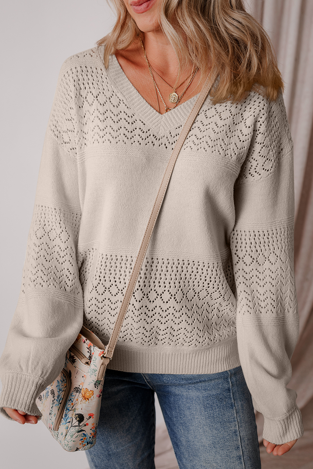 Brown Eyelet Pattern Detail V Neck Drop Shoulder Sweater view 4