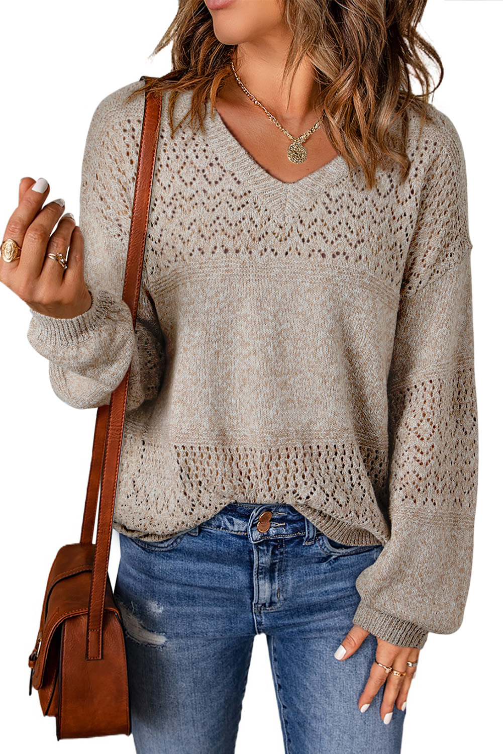 Brown Eyelet Pattern Detail V Neck Drop Shoulder Sweater view 25