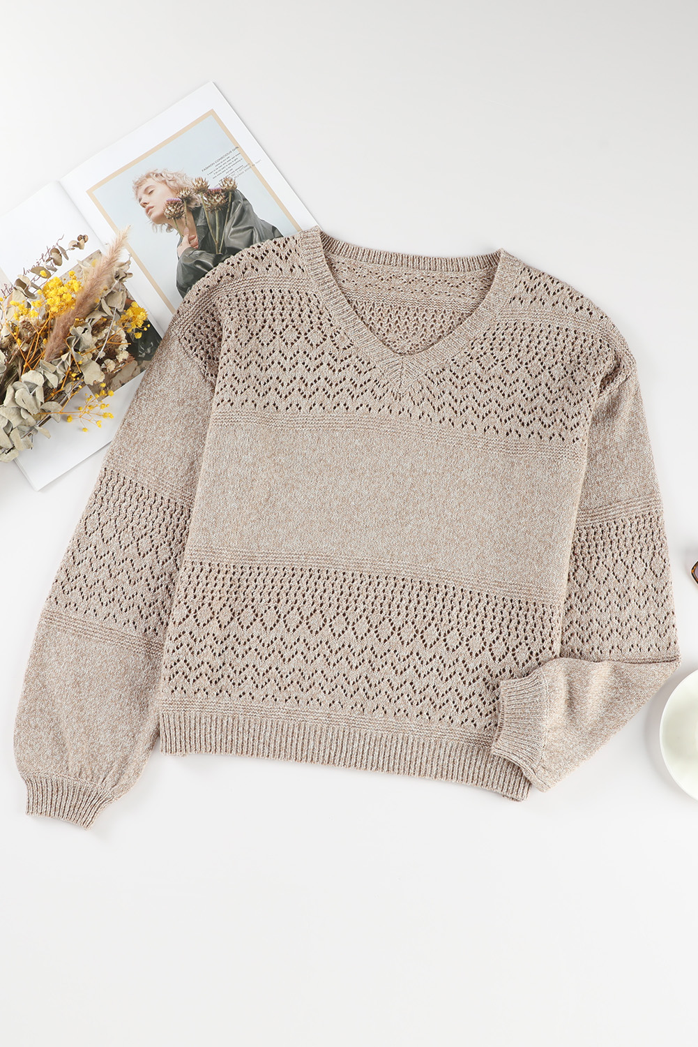Brown Eyelet Pattern Detail V Neck Drop Shoulder Sweater view 18