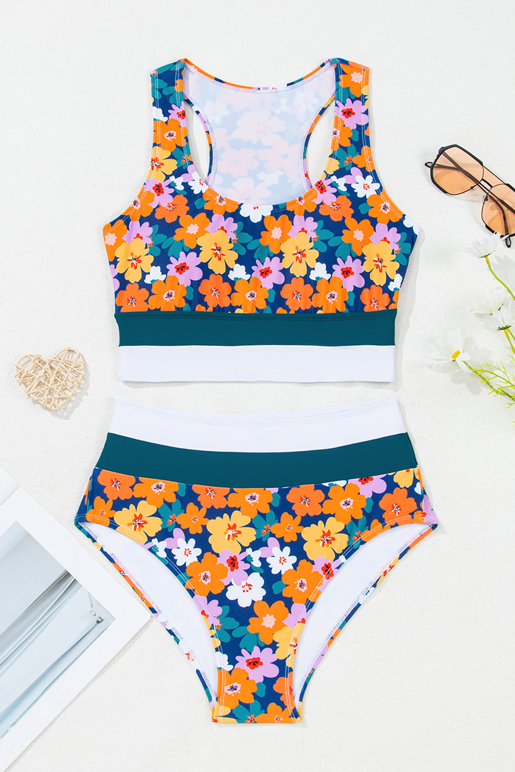 Dearlove Green Floral Print Racerback Cutout High Waist 2pcs Bikini view 10