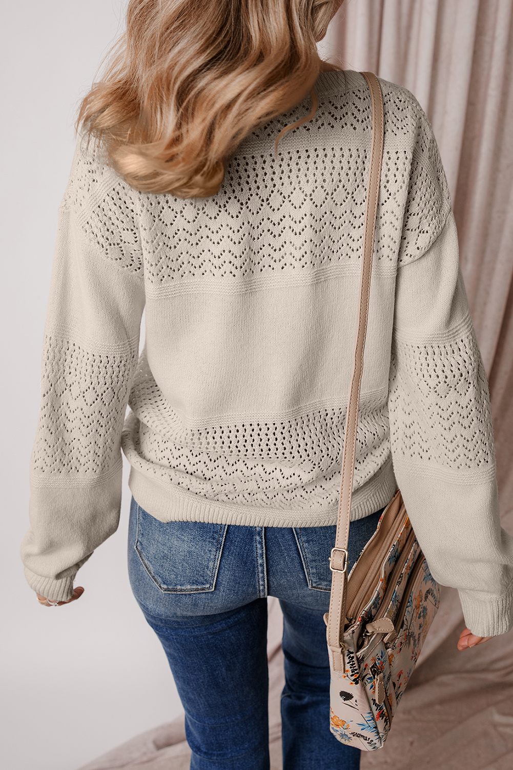 Brown Eyelet Pattern Detail V Neck Drop Shoulder Sweater view 2