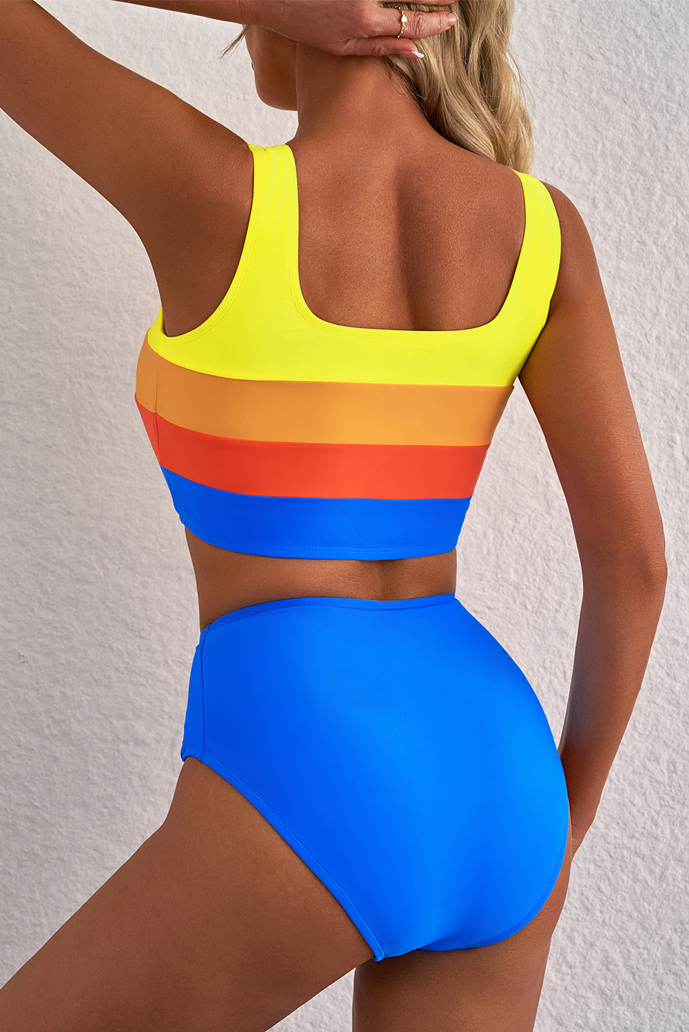 Blue Colorblock Square Neck Top Pleated High Waisted Bikini view 4