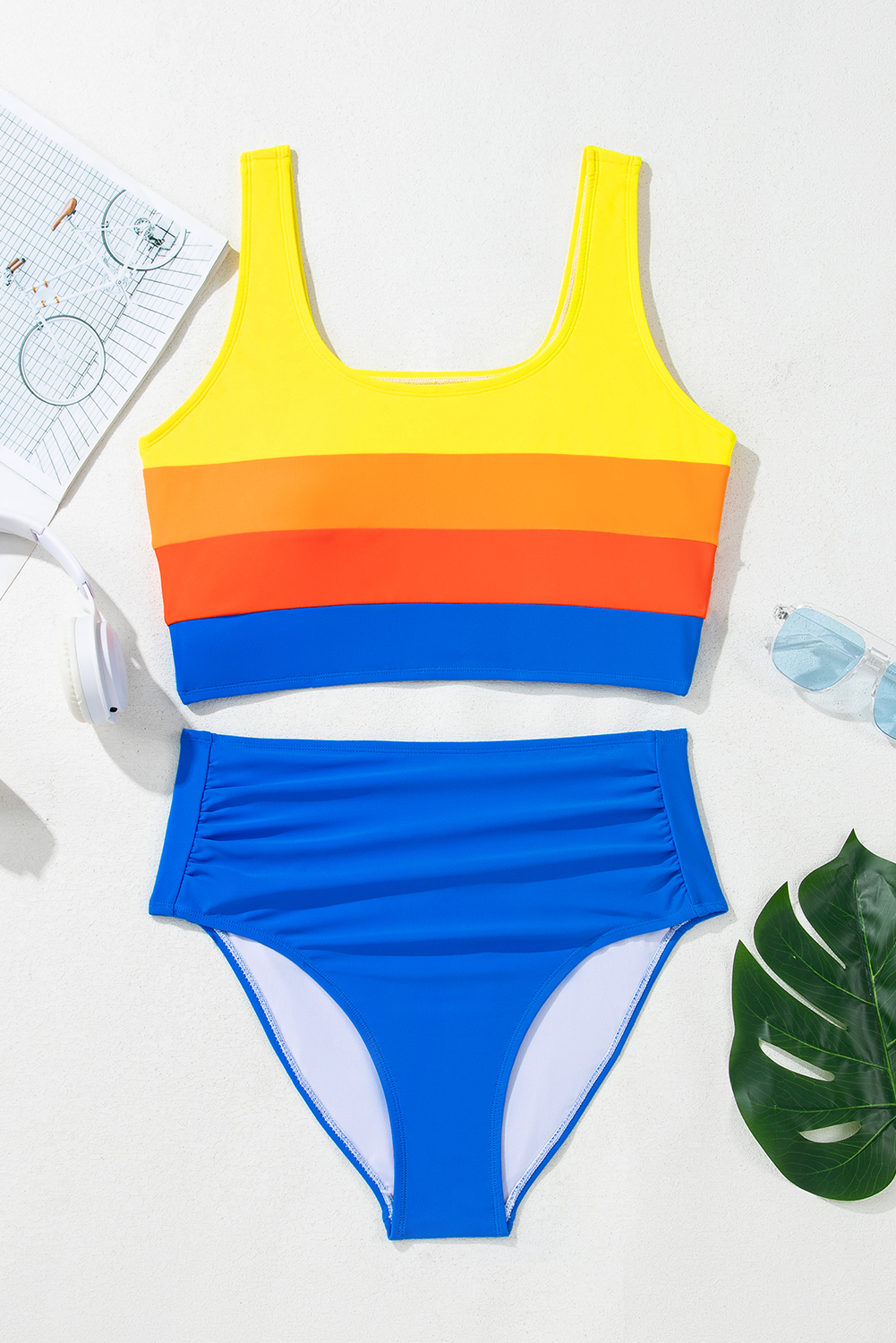 Blue Colorblock Square Neck Top Pleated High Waisted Bikini view 13