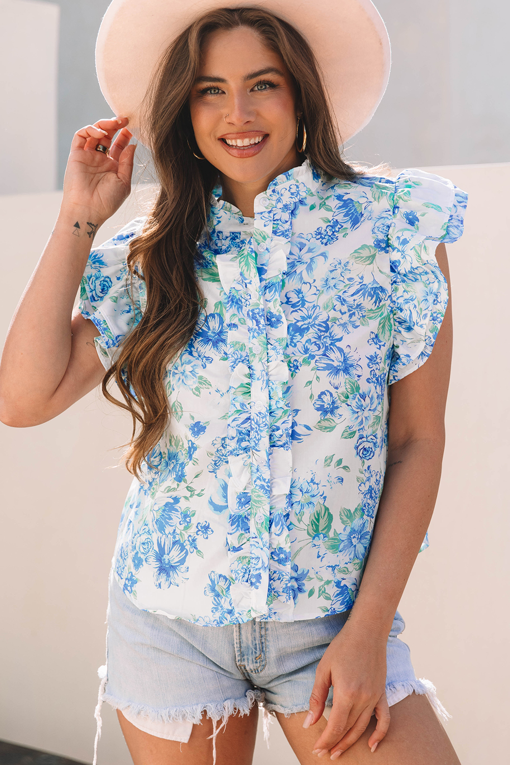 $ 12.95 - Sky Blue Floral Print Ruffle Sleeve Frilly Button Up Shirt ...
