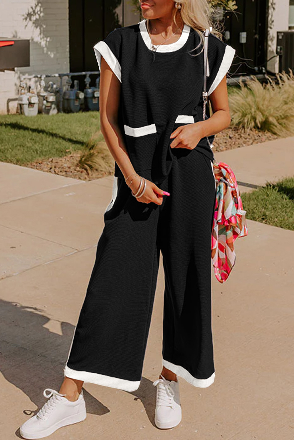 $ 19.8 - Black Color Block Pocketed T Shirt and Wide Leg Pants Set - ds ...