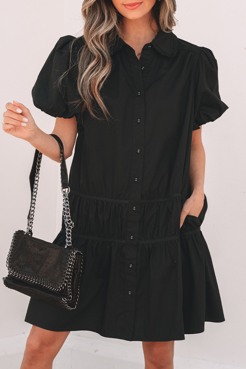 Black Shirt Style Button Down Puff Sleeve Ruffle Hem Dress view 7