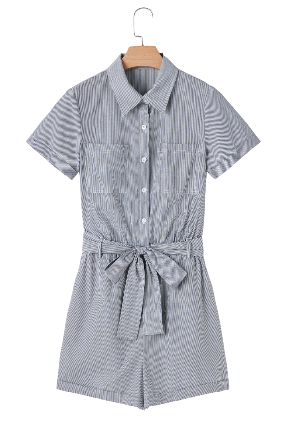 Blue Stripe Chest Pockets Buttoned Belted High Waist Romper view 23