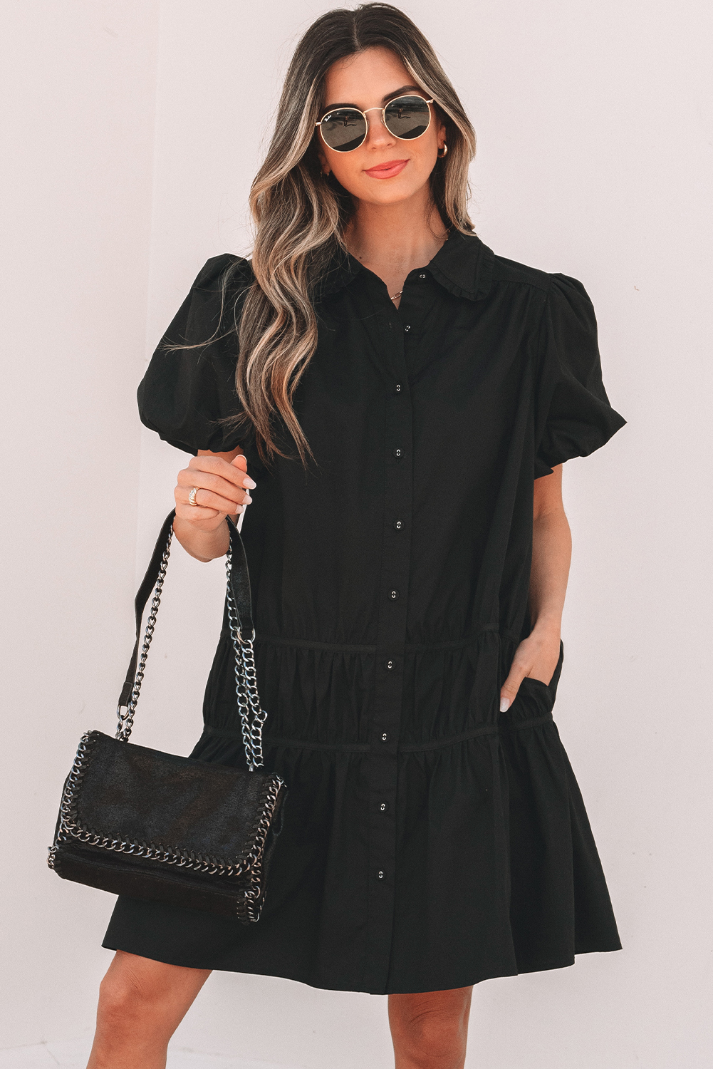 Black Shirt Style Button Down Puff Sleeve Ruffle Hem Dress view 3