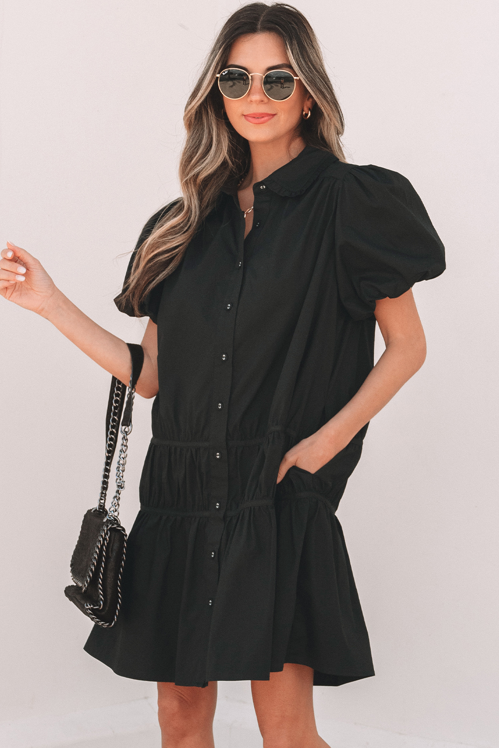 Black Shirt Style Button Down Puff Sleeve Ruffle Hem Dress view 5
