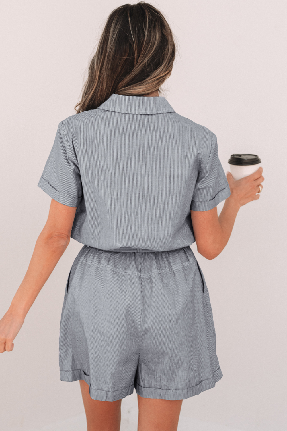 Blue Stripe Chest Pockets Buttoned Belted High Waist Romper view 2