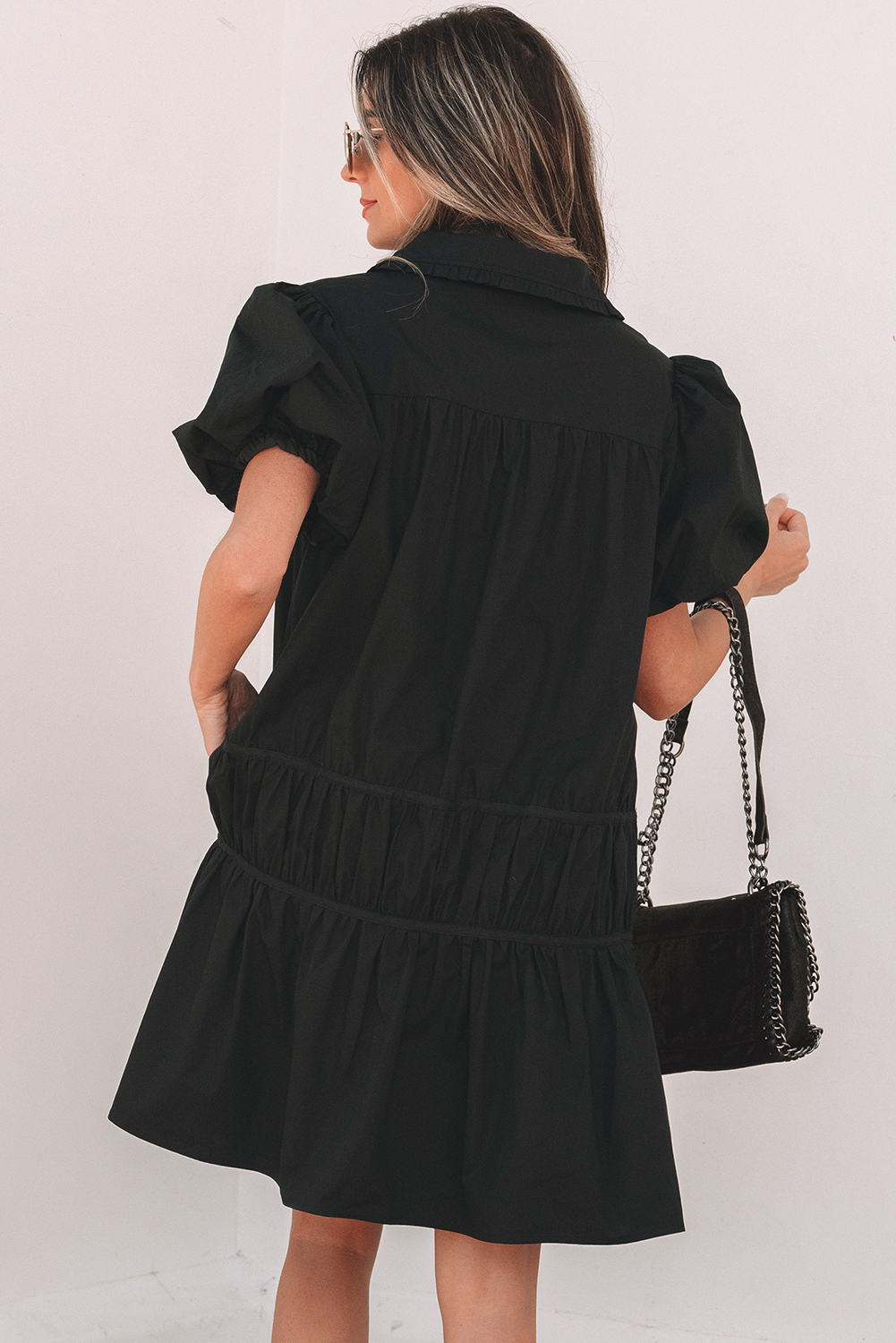 Black Shirt Style Button Down Puff Sleeve Ruffle Hem Dress view 2
