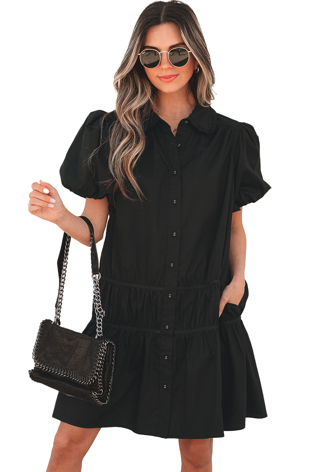 Black Shirt Style Button Down Puff Sleeve Ruffle Hem Dress view 22