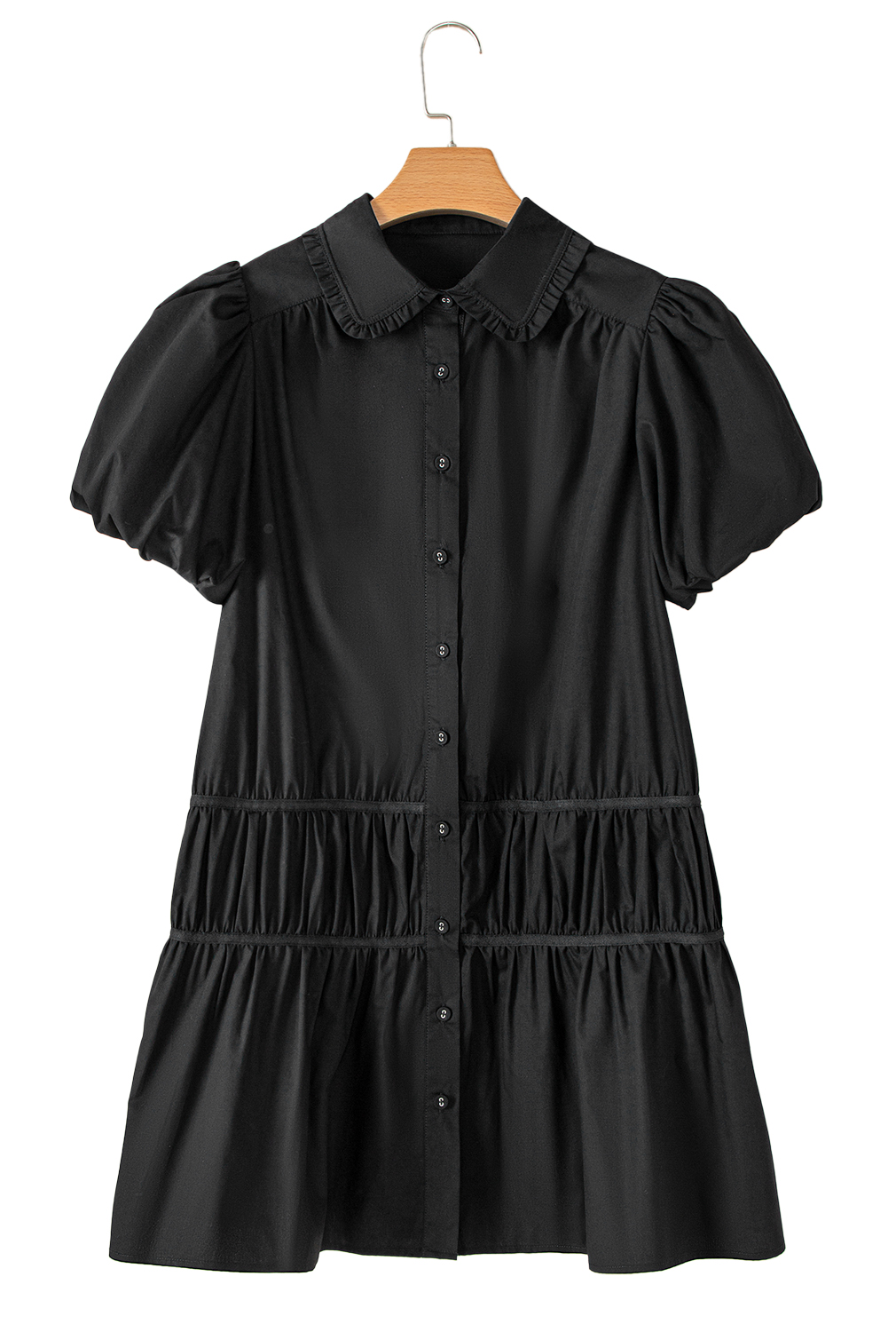 Black Shirt Style Button Down Puff Sleeve Ruffle Hem Dress view 23