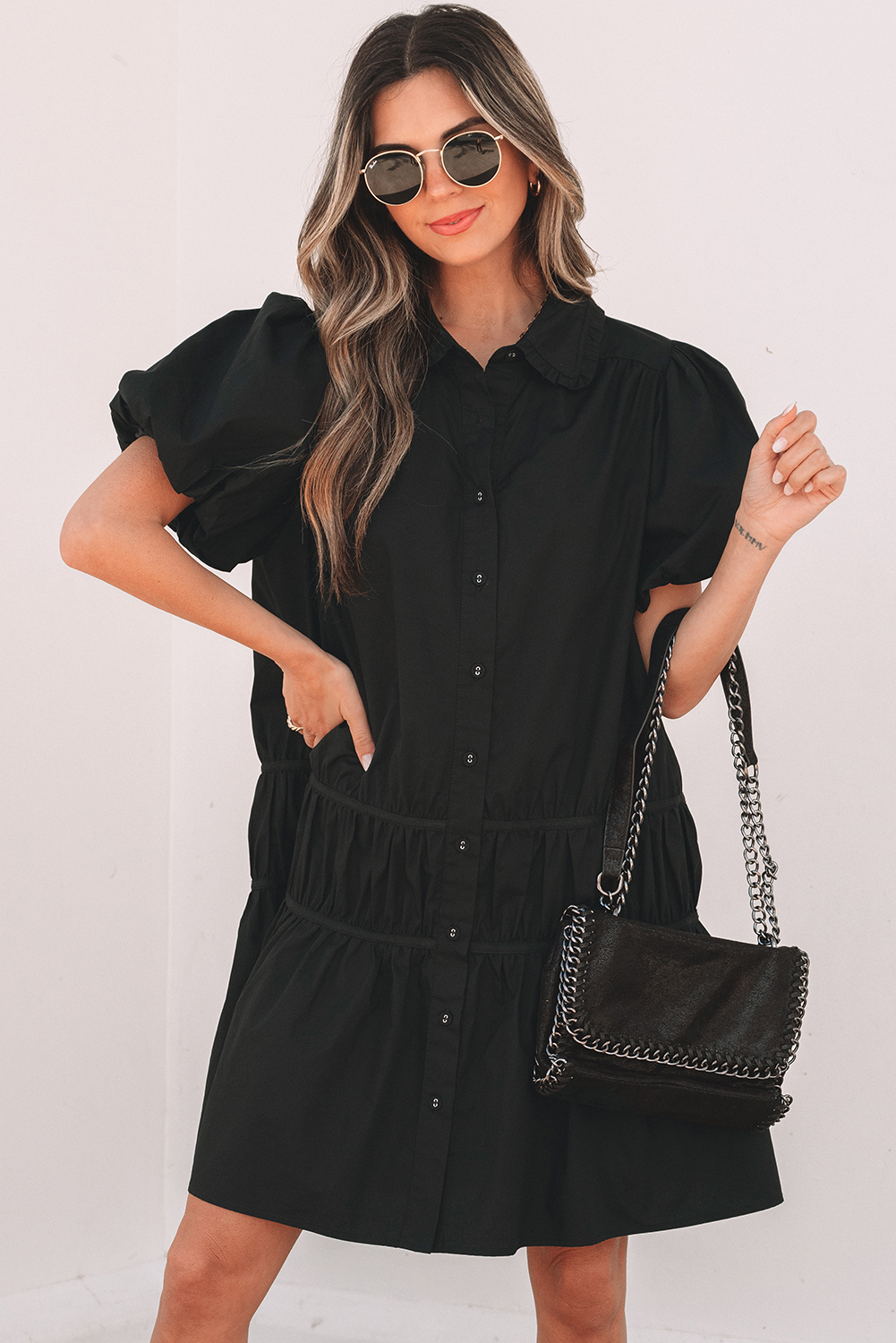 Black Shirt Style Button Down Puff Sleeve Ruffle Hem Dress view 4
