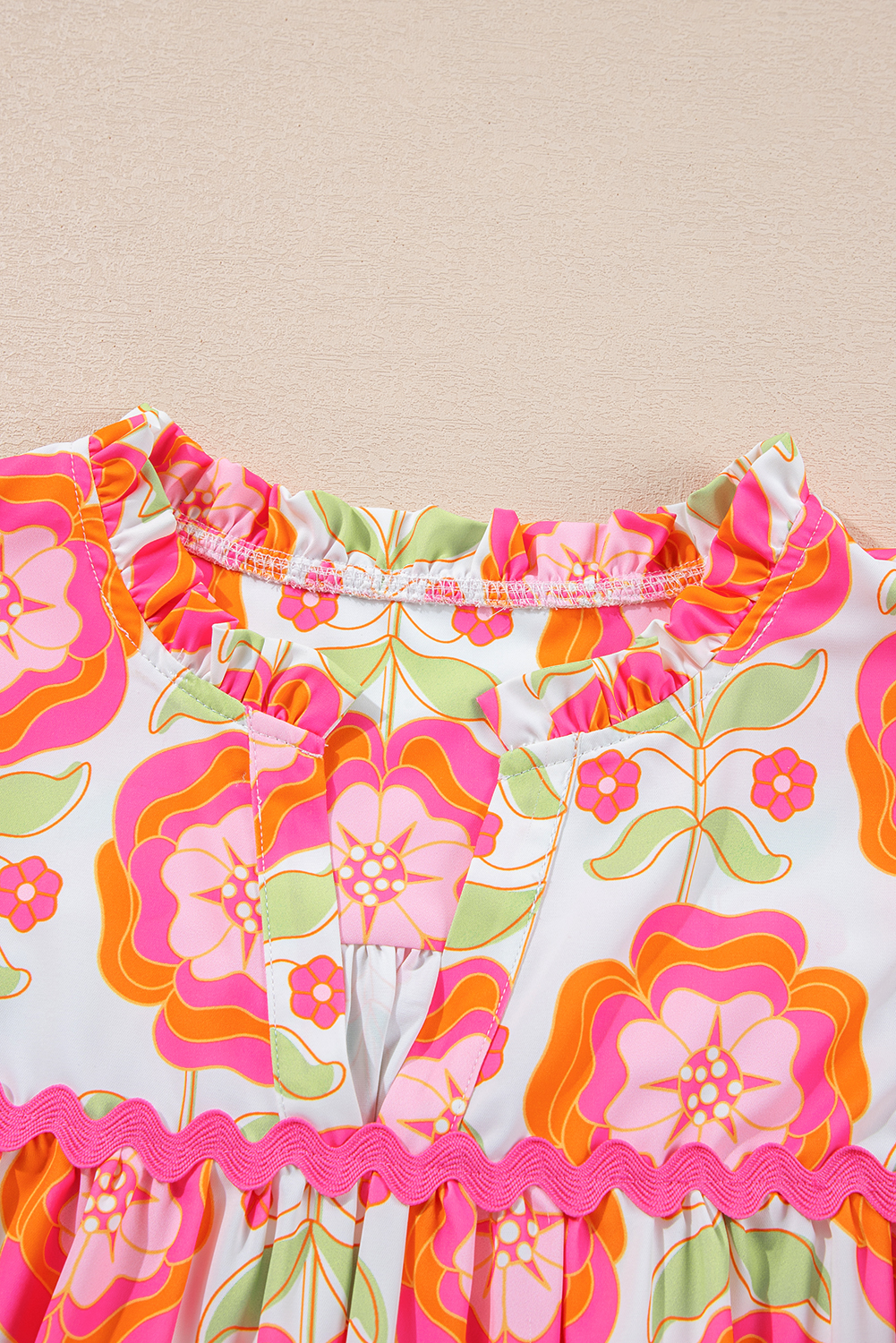 Rose Floral Ruffled Sleeve Ric-rac Trim Split Neck Loose Blouse
