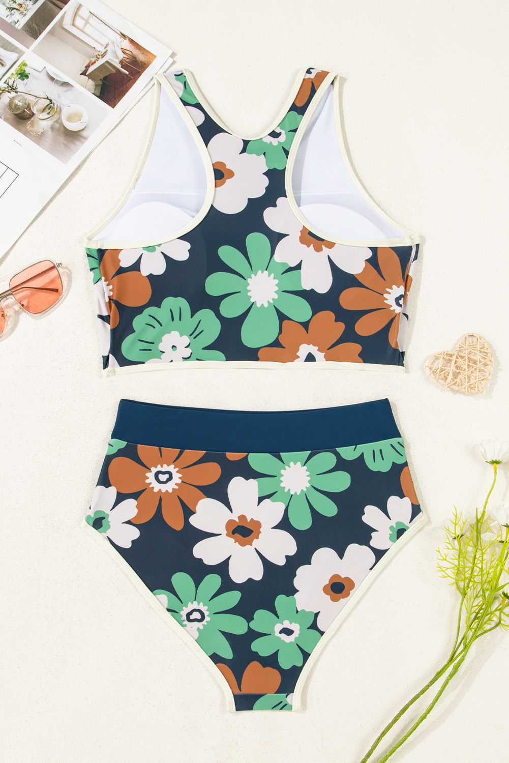 Blue Flower Zip up Racerback High Waisted Bikini view 8