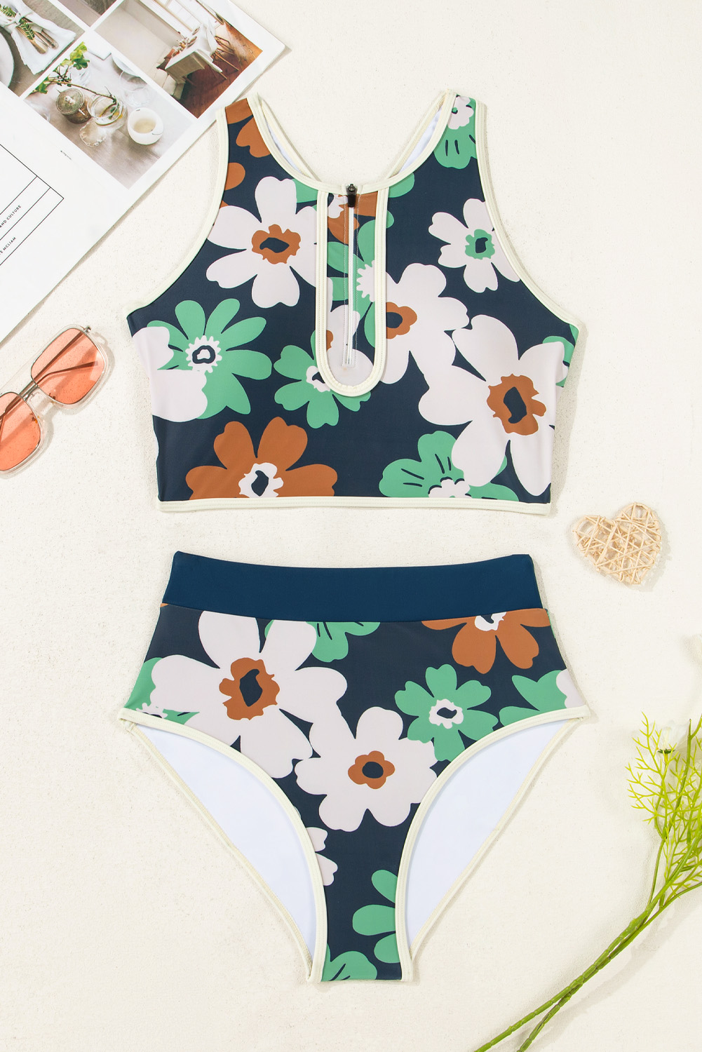 Blue Flower Zip up Racerback High Waisted Bikini view 7
