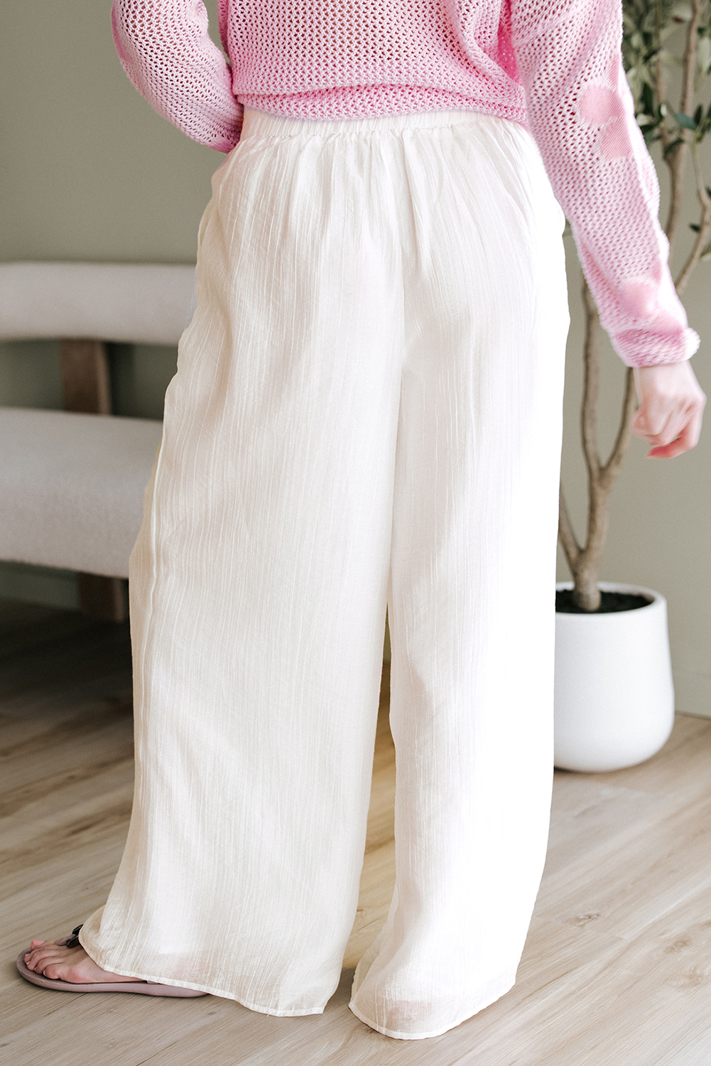 White Casual Tie Waist Pleated Wide Leg Pants view 4