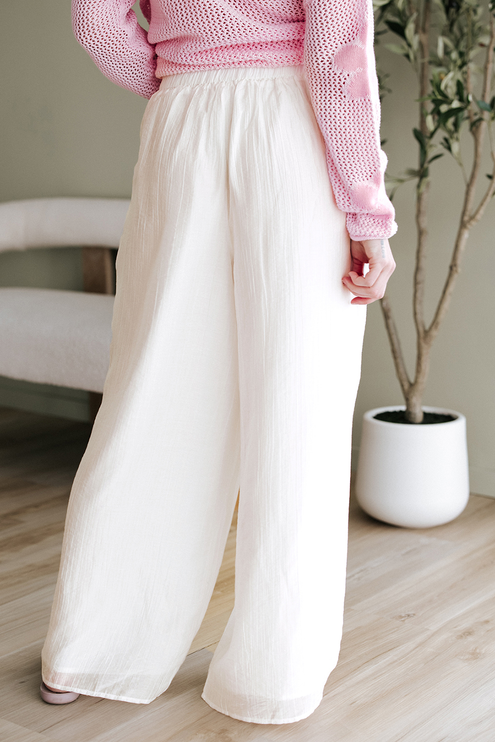 White Casual Tie Waist Pleated Wide Leg Pants view 2