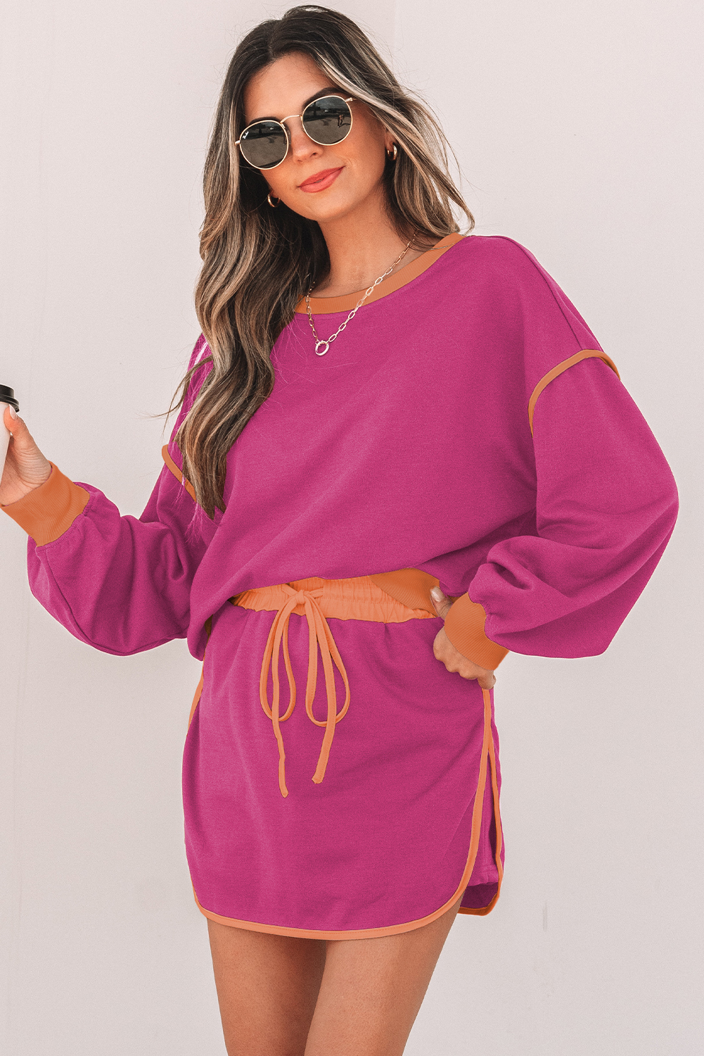 Rose Red Color Contrast Loose Pullover and Lace-up Waist Skort Set view 4