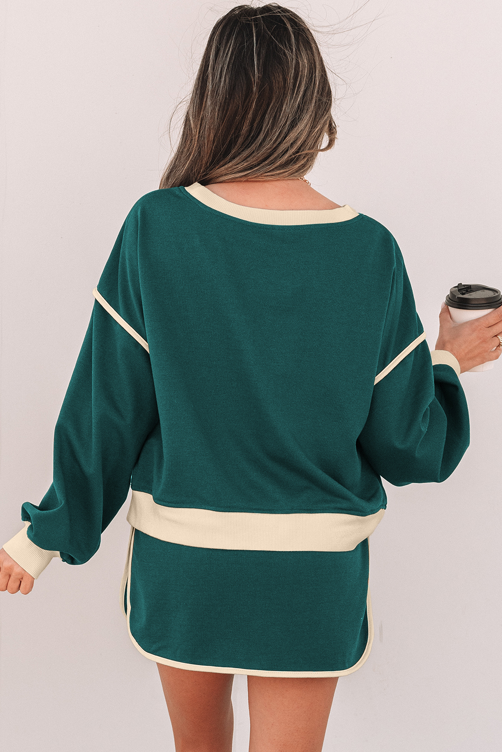Evergreen Color Contrast Loose Pullover and Lace-up Waist Skort Set view 2