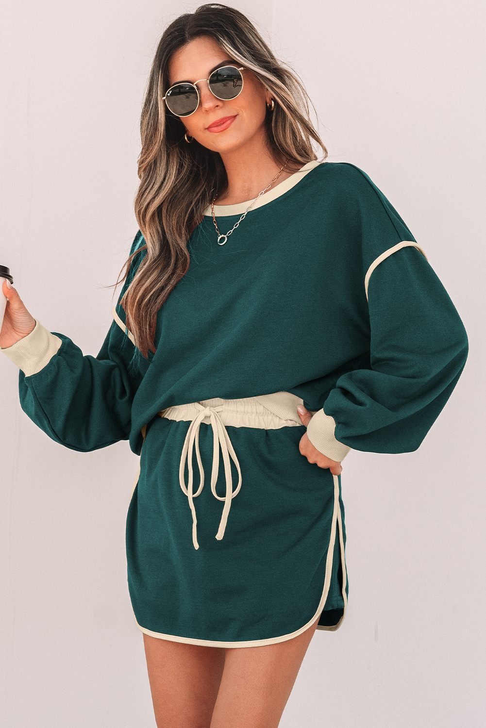 Evergreen Color Contrast Loose Pullover and Lace-up Waist Skort Set view 3