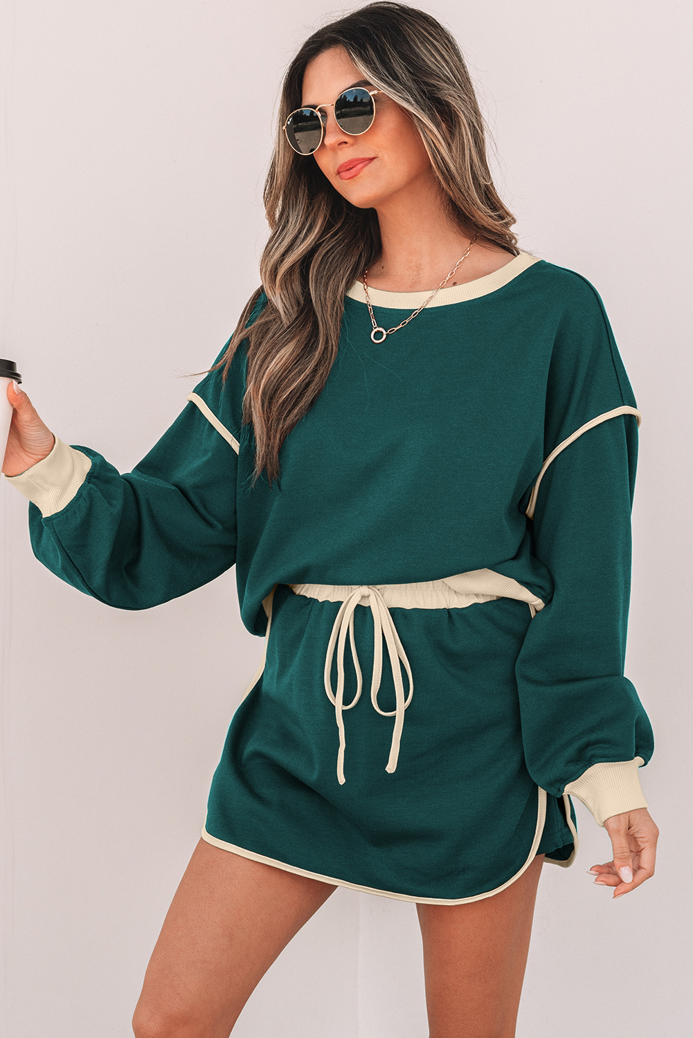 Evergreen Color Contrast Loose Pullover and Lace-up Waist Skort Set view 4