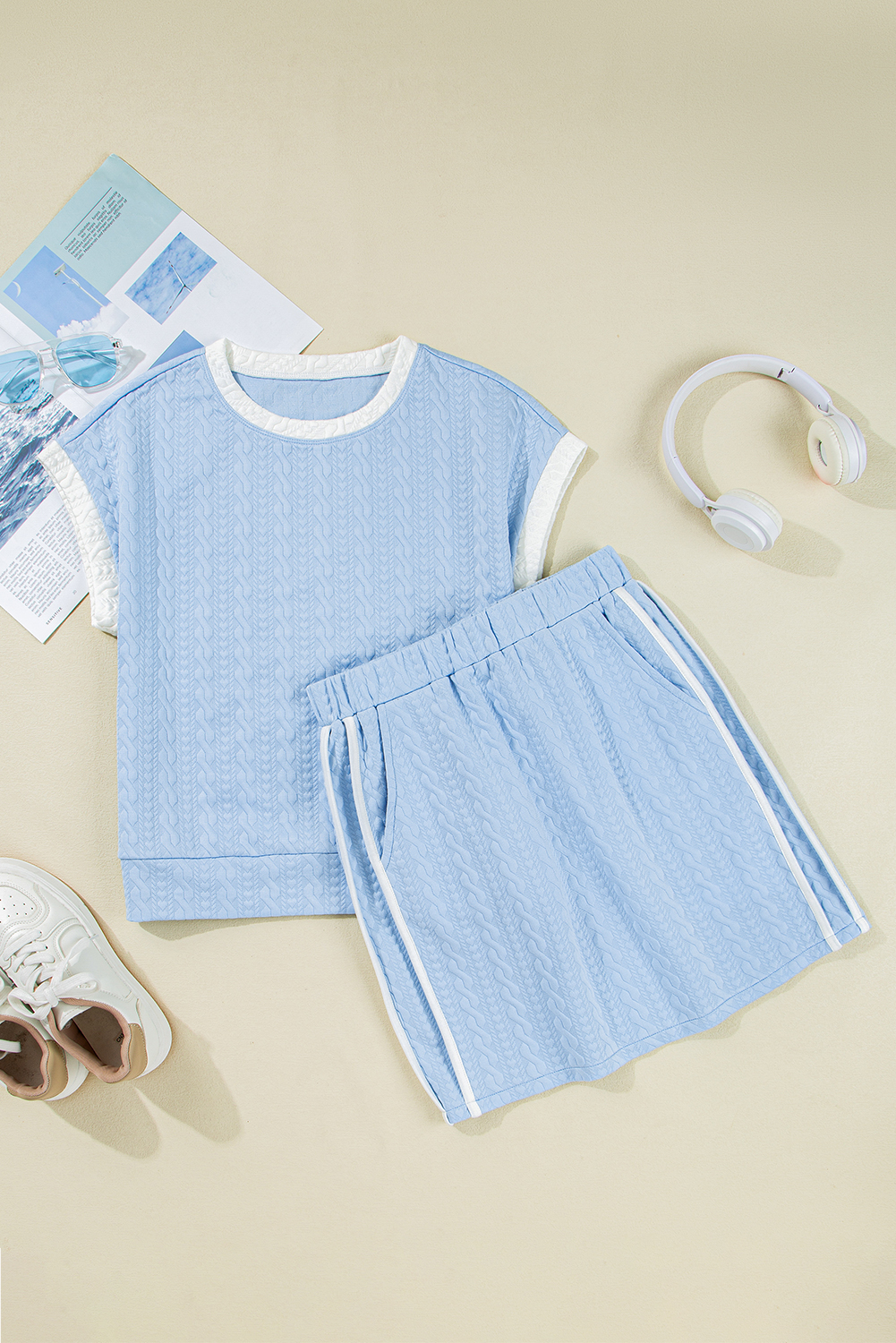 Beau Blue Contrast Trim Textured Crewneck Tee and Pocketed Skirt Set view 9