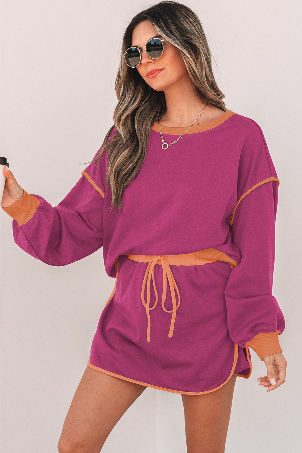 Rose Red Color Contrast Loose Pullover and Lace-up Waist Skort Set view 3