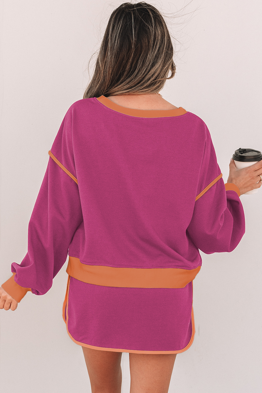 Rose Red Color Contrast Loose Pullover and Lace-up Waist Skort Set view 2
