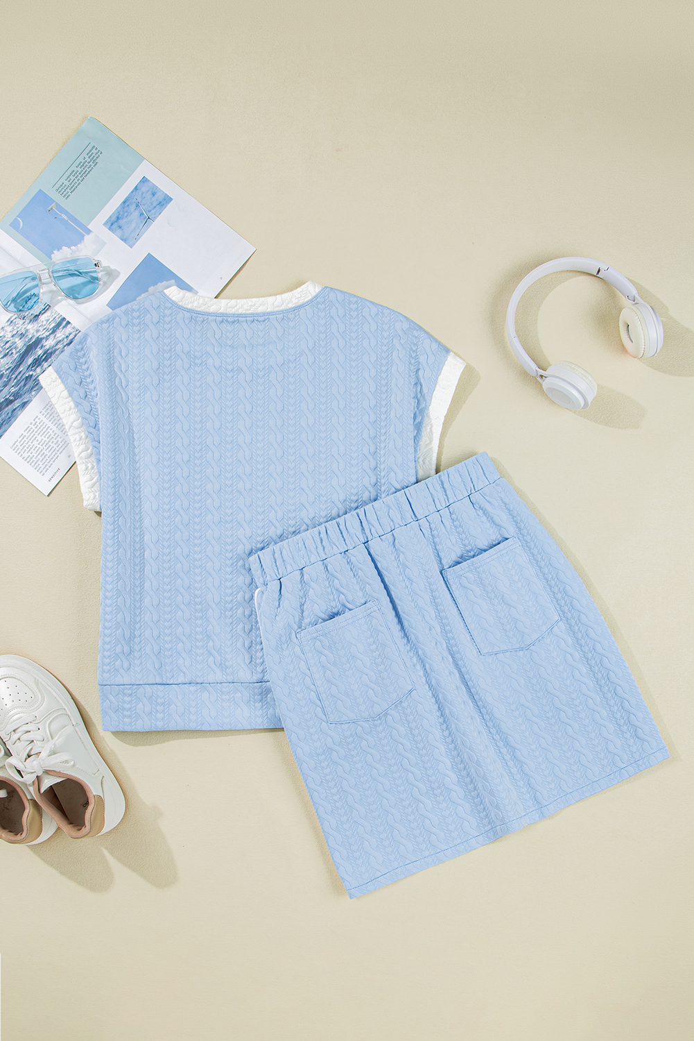 Beau Blue Contrast Trim Textured Crewneck Tee and Pocketed Skirt Set view 10