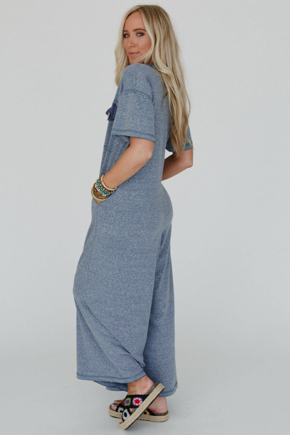 Beau Blue Half Placket Chest Pockets Short Sleeve Wide Leg Jumpsuit view 10