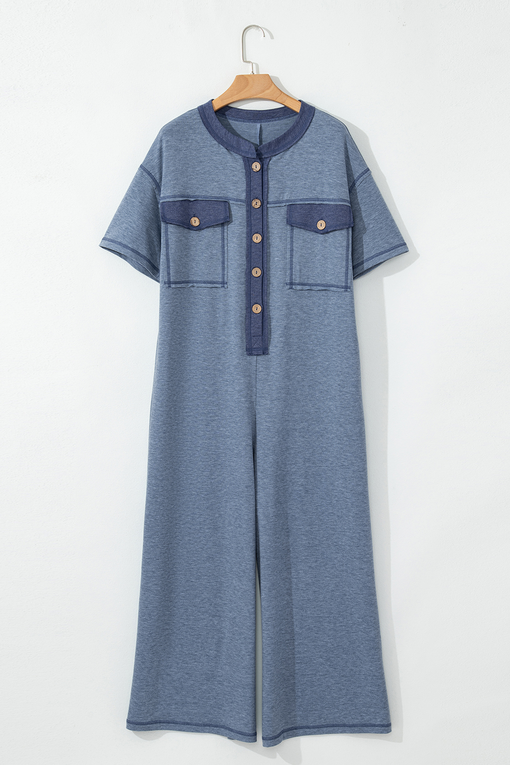 Beau Blue Half Placket Chest Pockets Short Sleeve Wide Leg Jumpsuit view 12