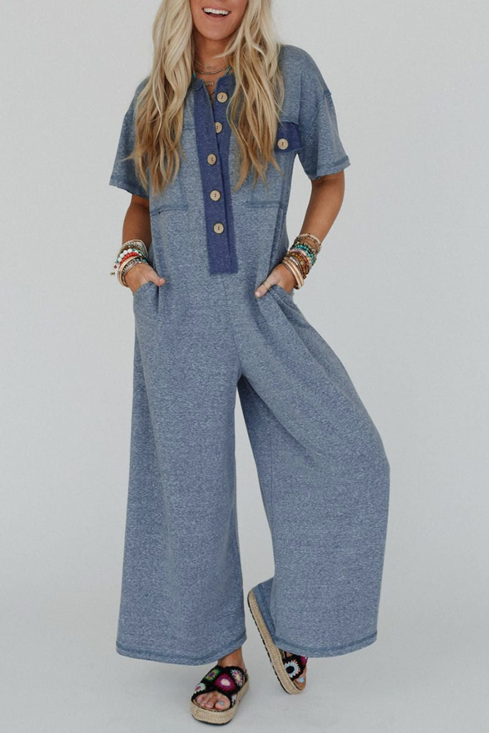 Beau Blue Half Placket Chest Pockets Short Sleeve Wide Leg Jumpsuit view 8