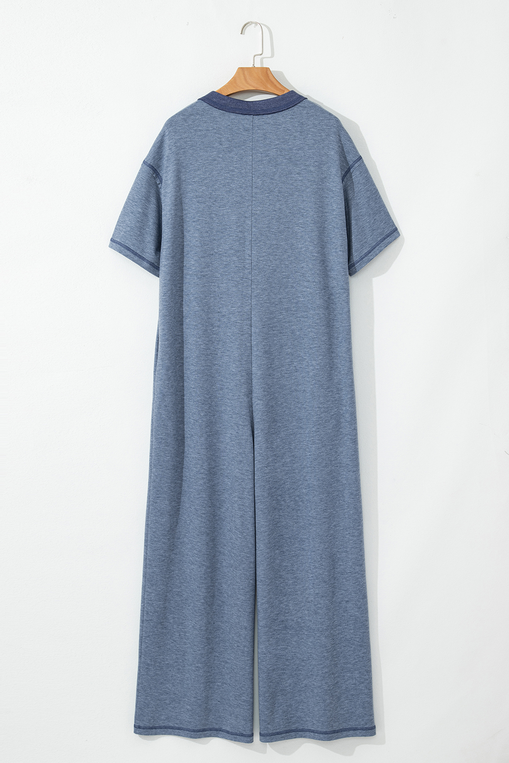 Beau Blue Half Placket Chest Pockets Short Sleeve Wide Leg Jumpsuit view 13