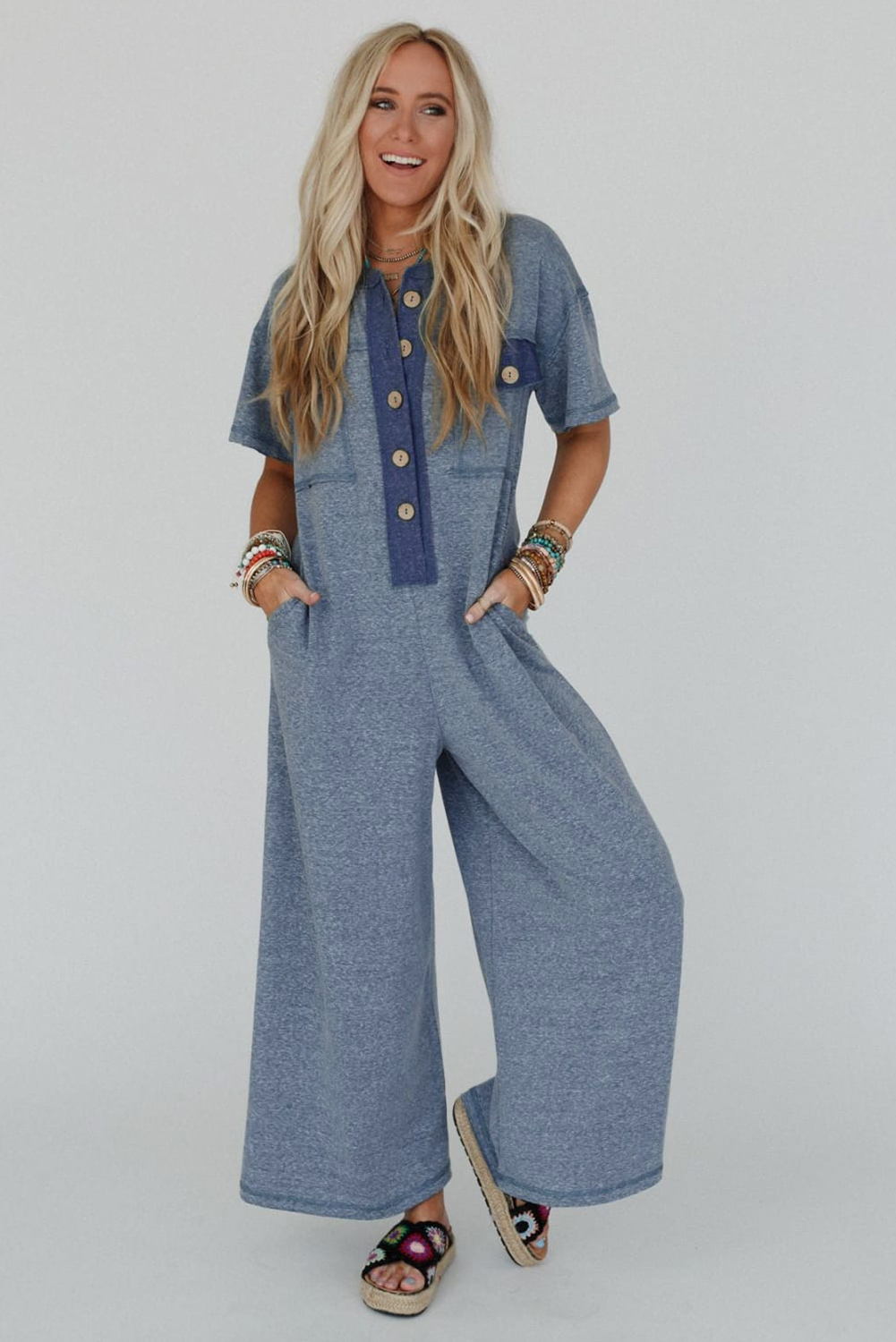 Beau Blue Half Placket Chest Pockets Short Sleeve Wide Leg Jumpsuit view 11
