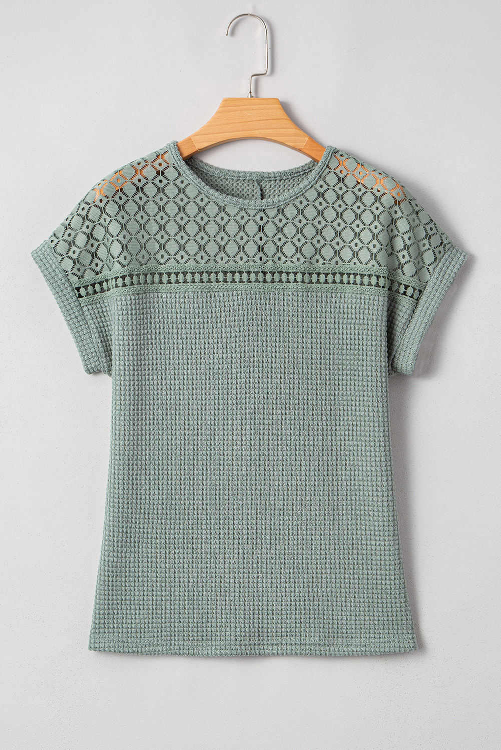 Mist Green Lace Patchwork Waffle Short Sleeve Top