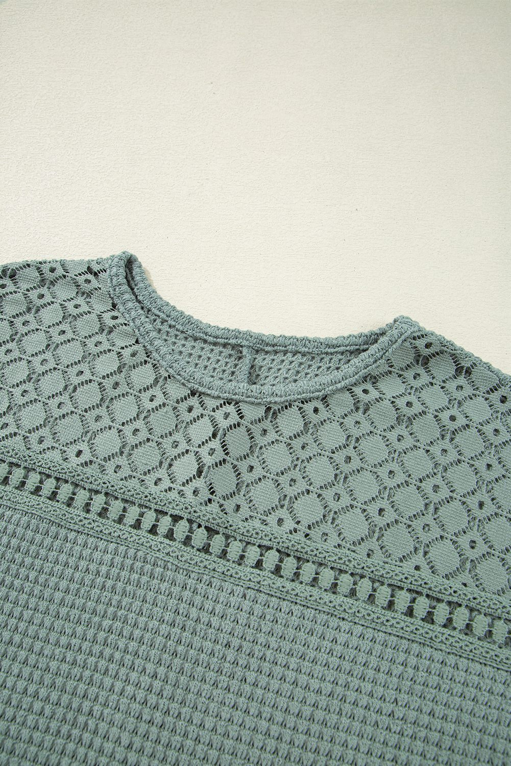 Mist Green Lace Patchwork Waffle Short Sleeve Top