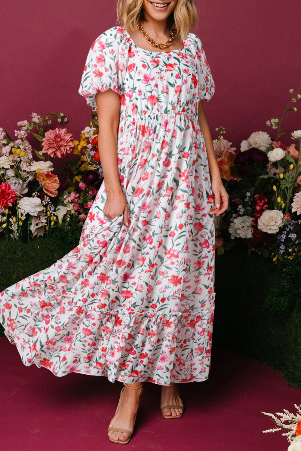 Pink Floral Puff Sleeve Square Neck Empire Waist Tiered Maxi Dress view 9