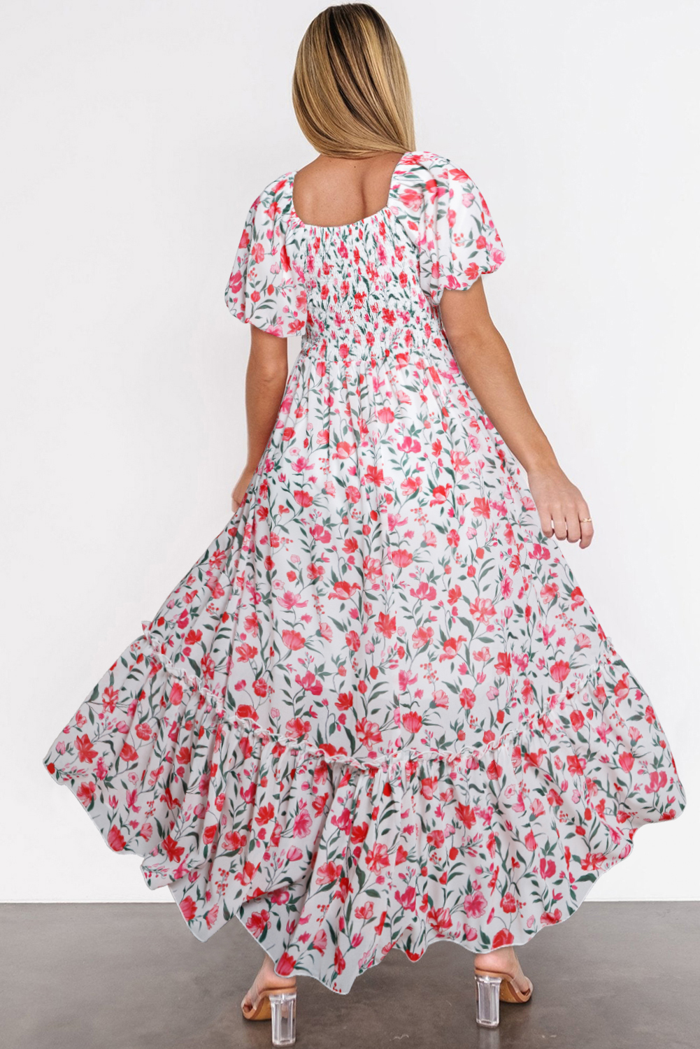 Pink Floral Puff Sleeve Square Neck Empire Waist Tiered Maxi Dress view 10