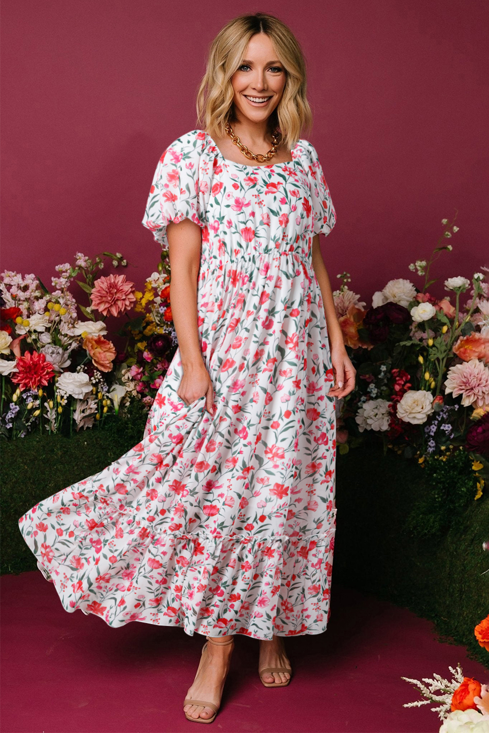 Pink Floral Puff Sleeve Square Neck Empire Waist Tiered Maxi Dress view 11