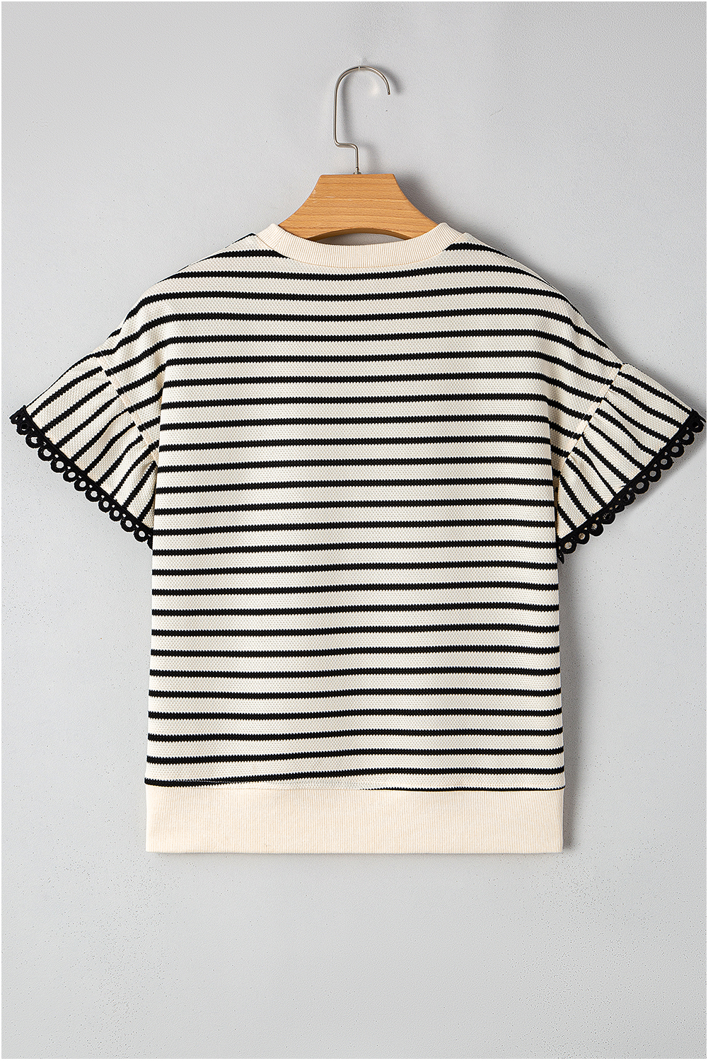 Black Stripe Scallop Lace Trim Ruffle Short Sleeves Crewneck Top