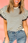 Black Stripe Scallop Lace Trim Ruffle Short Sleeves Crewneck Top